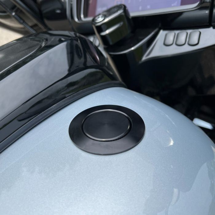 Black Flush Mount Pop-Up Gas Cap for Harley-Davidson® from HOGWORKZ®  on street glide in atlas silver close up