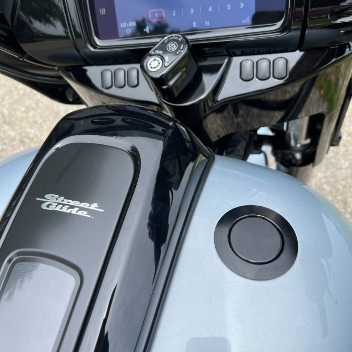 Black Flush Mount Pop-Up Gas Cap for Harley-Davidson® from HOGWORKZ®  on street glide in atlas silver top view