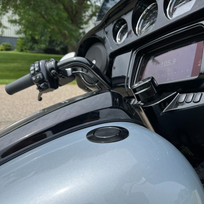 Black Flush Mount Pop-Up Gas Cap for Harley-Davidson® from HOGWORKZ®  on street glide in atlas silver