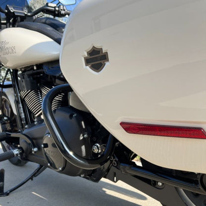 Black Saddlebag Guards for Harley® Low Rider ST from HOGWORKZ on bike back view