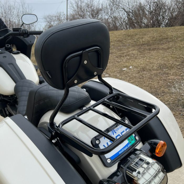 Black Luggage Rack Add-On on Harley® Low Rider from HOGWORKZ back