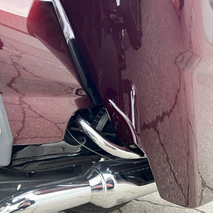 Chrome Saddlebag Guard Eliminator Kit for Harley® Touring from HOGWORKZ® on Twisted Cherry Road Glide close up