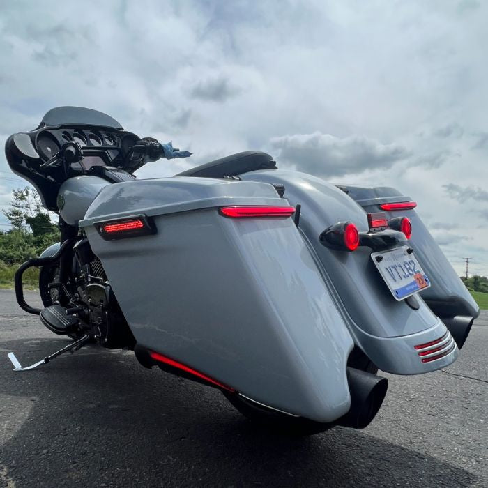 Black Saddlebag LED Latch Coverz™ for Harley® Touring from HOGWORKZ on street glide on atlas silver street glide