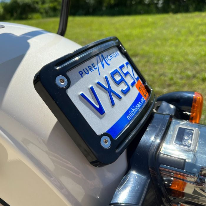 Black Laydown / Curved License Plate Mount for Harley-Davidson® Motorcycles from HOGWORKZ on white bike