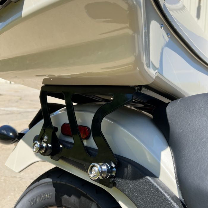 Black solo Tour Pack Mount for Harley® Softail Low Rider / Sport Glide from HOGWORKZ close up