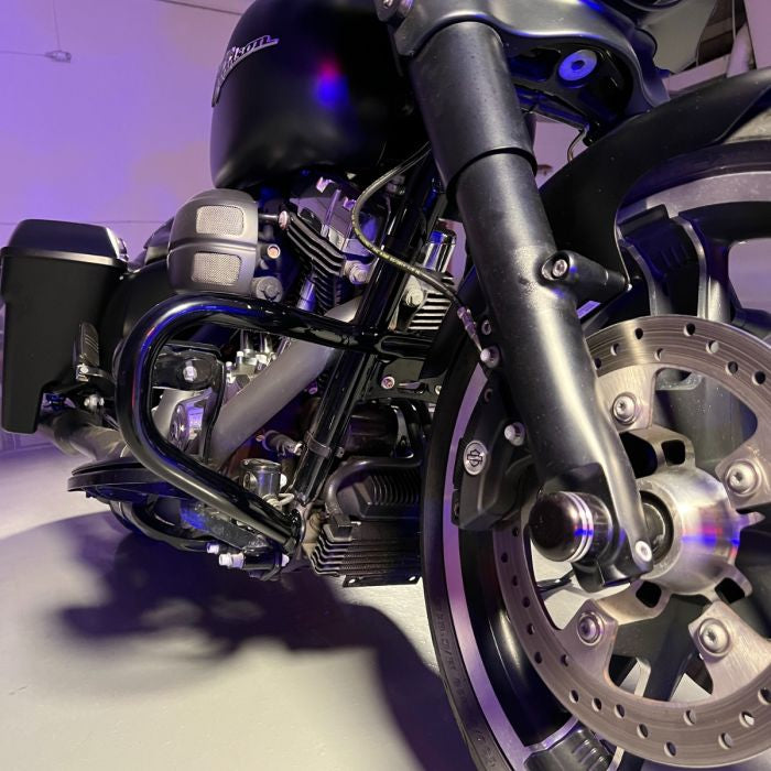 Harley-Davidson® Chrome Chopped Engine Guard / Crash Bar from HOGWORKZ® on denim black street glide