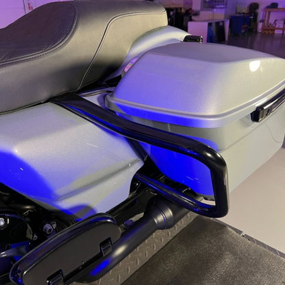 Harley® Touring Saddlebag Guards in black from HOGWORKZ® on street glide top angle