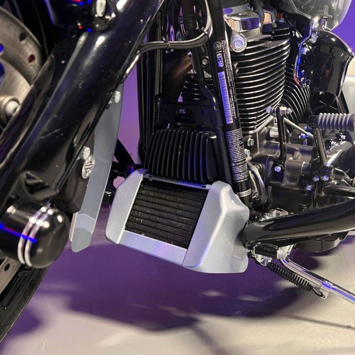Atlas Silver Color-Matched Oil Cooler Cover on Street Glide close up