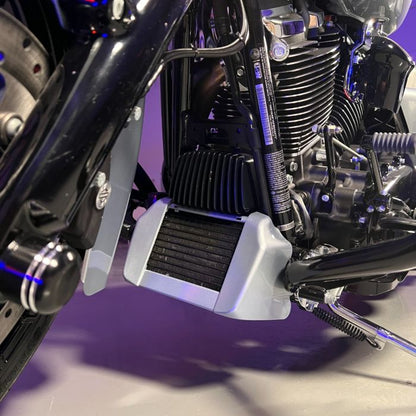 Atlas Silver Color-Matched Oil Cooler Cover on Street Glide close up