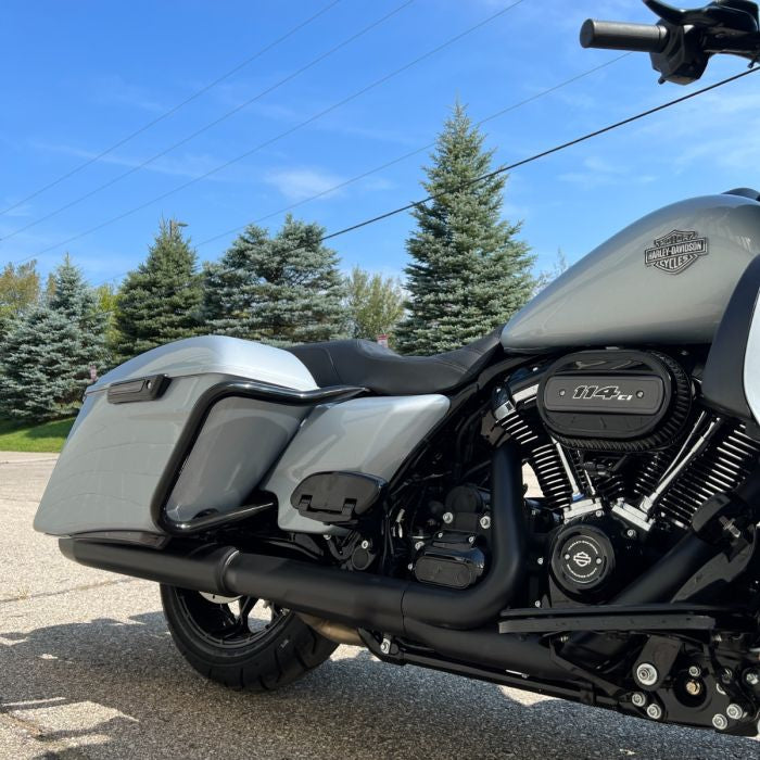 Harley® Touring Saddlebag Guards in Black from HOGWORKZ® on atlas silver street glide outside