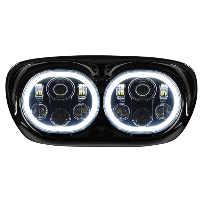 Harley® Road Glide '98-'13 Dual LED Black HALOMAKER® Headlight from HOGWORKZ® front view