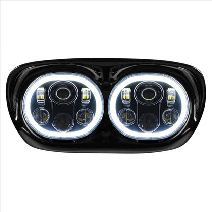Harley® Road Glide '98-'13 Dual LED Black HALOMAKER® Headlight from HOGWORKZ® front view