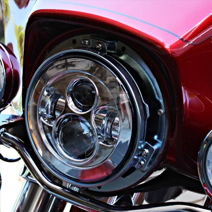 Chrome Mounting Bracket & Ring for 7" LED Harley Headlights on motorcycle